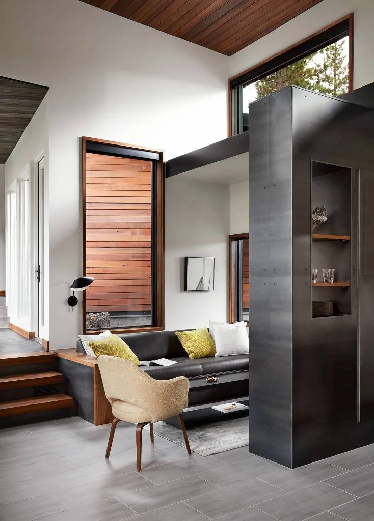 Mid-sized Porcelain Gray Floor Black and White Interior