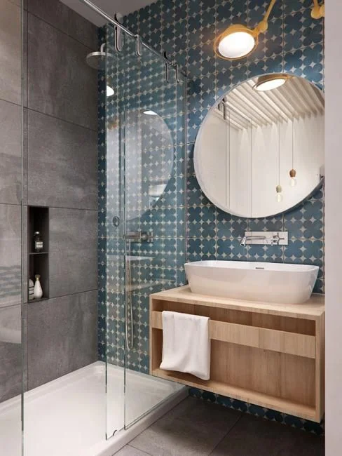 Dark Bathroom With Big Round Mirror