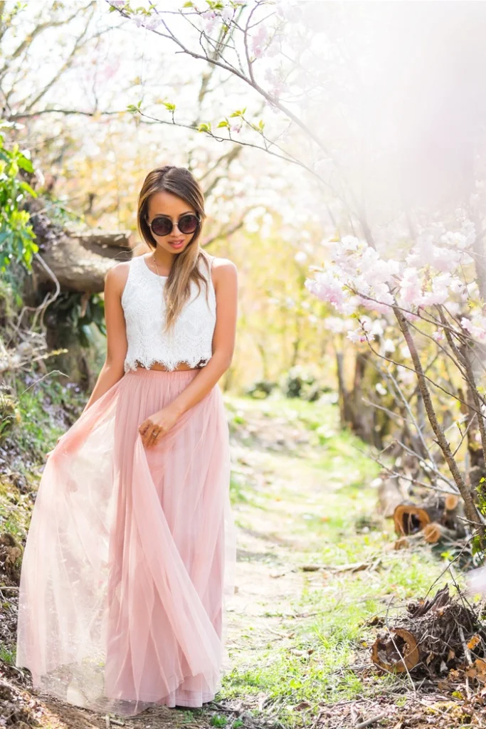 white lace crop top and pink tulle skirt from Morning Lavender