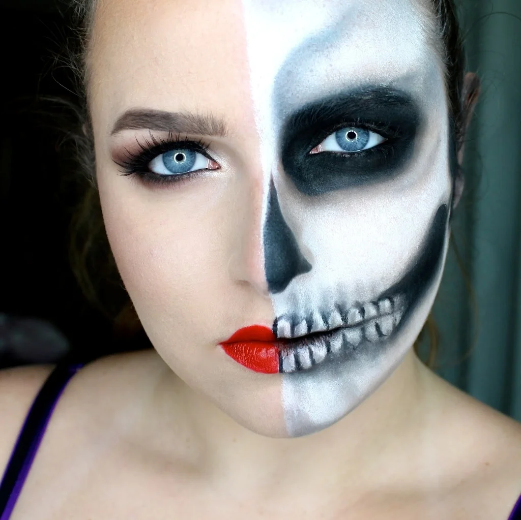 halloween tutorial half skull half glam