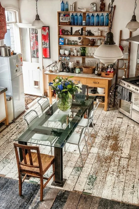distressed hardwood flooring in kitchens