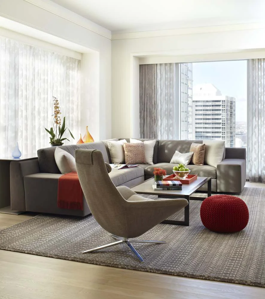 Acasual living room high rise buildings