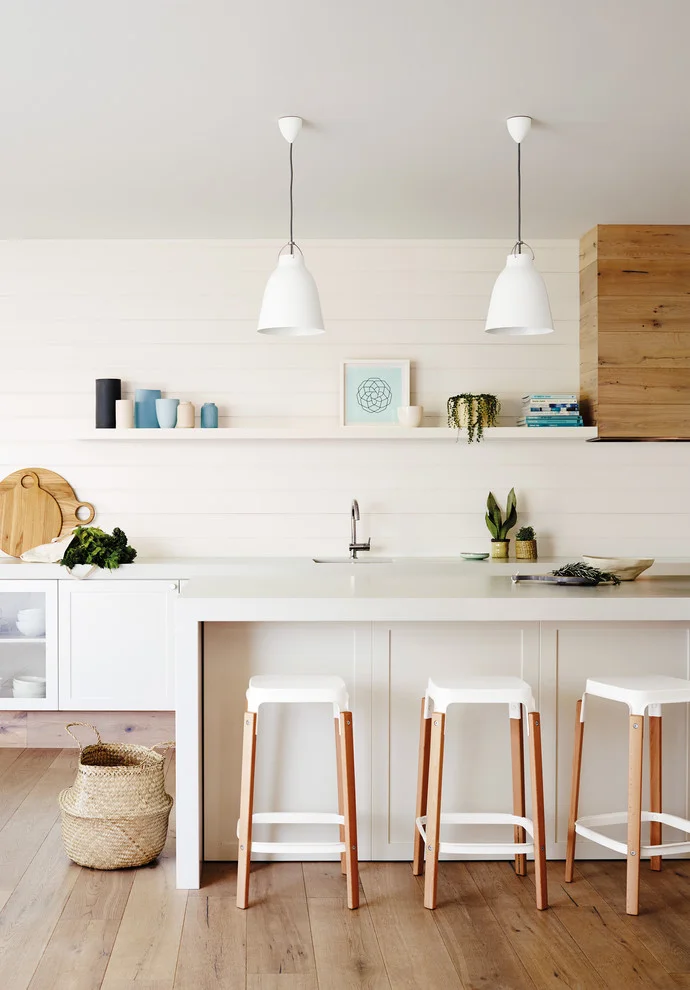 Natural White Kitchen Color Ideas With Wooden Floor and Stools