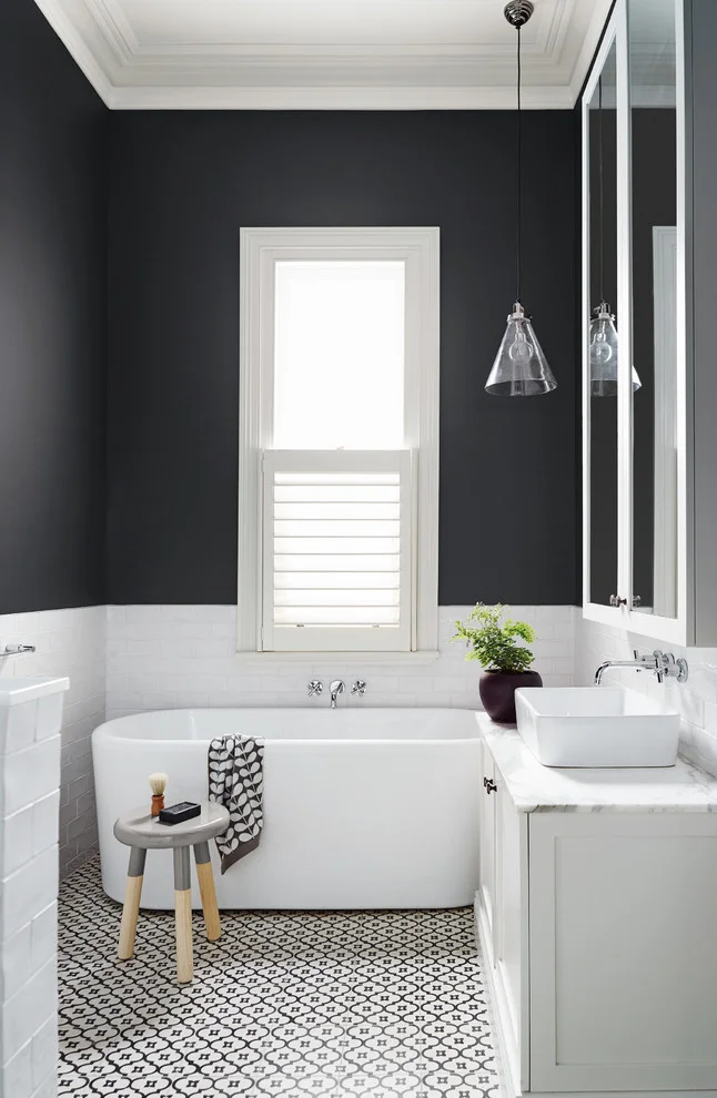 Two Tone Bathroom Color Ideas With Pattern Tile on Flooring
