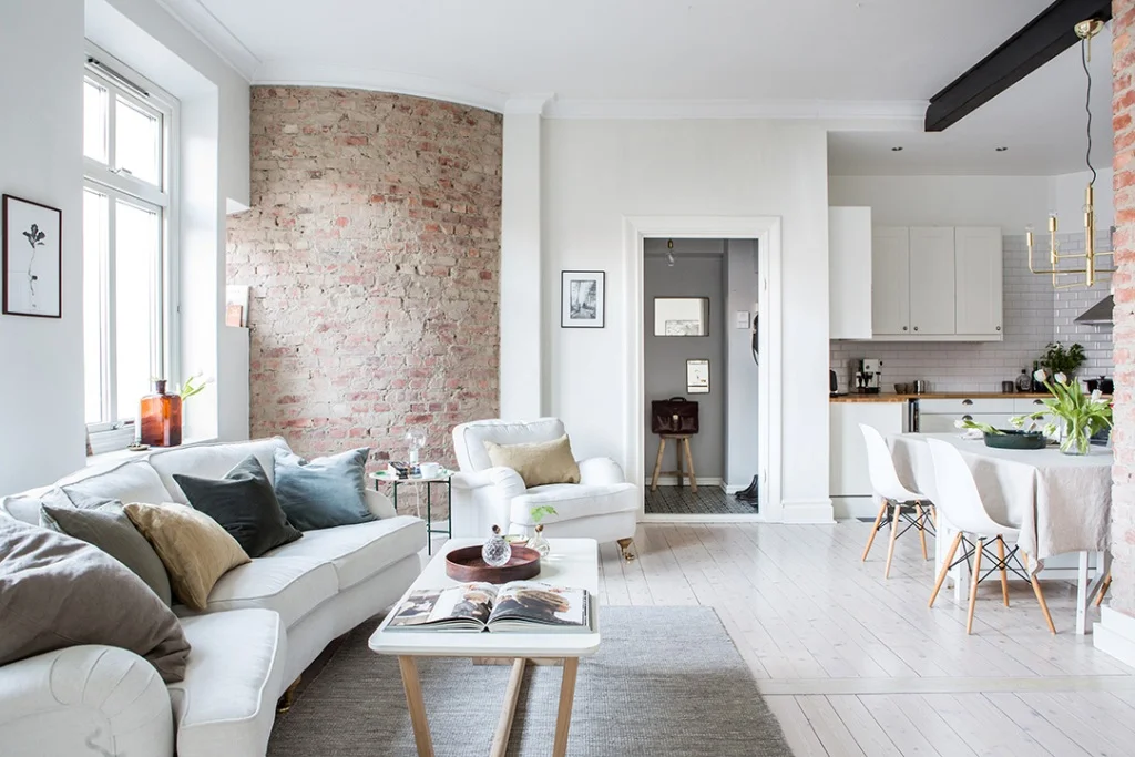 living room brick wall white interior design