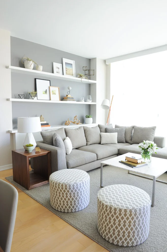 scandinavian open concept living room gray walls light hardwood floors