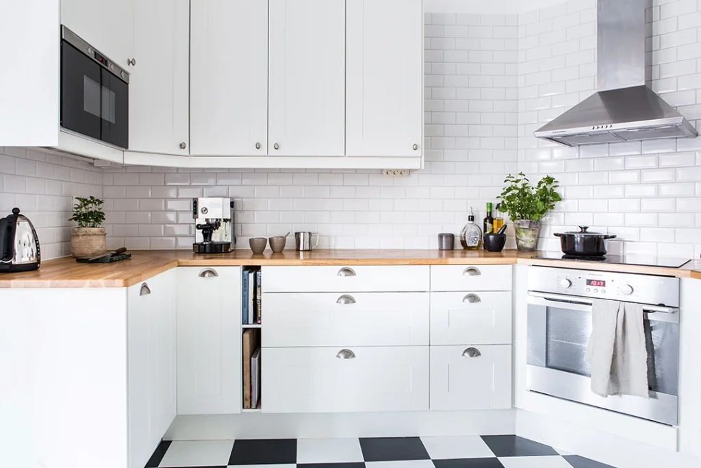 white shiny brick wall in kitchen