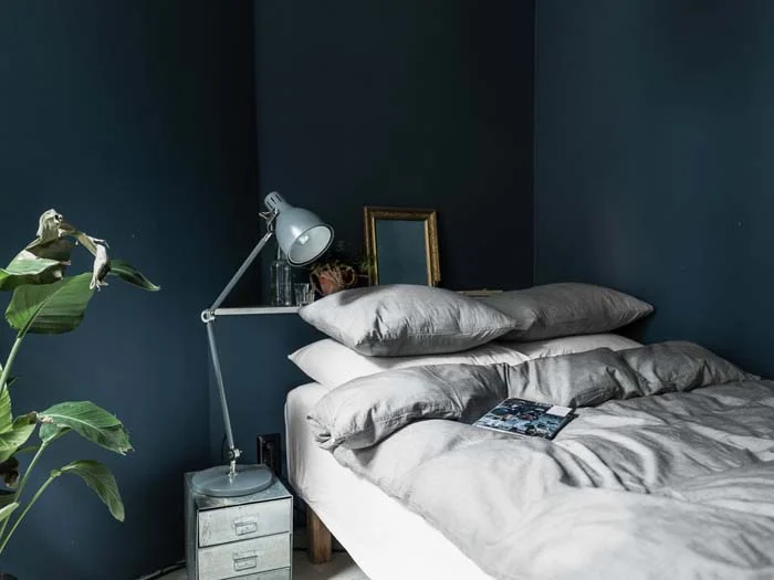 Light Grey Linen Bedding Dark Blue Bedroom Wall