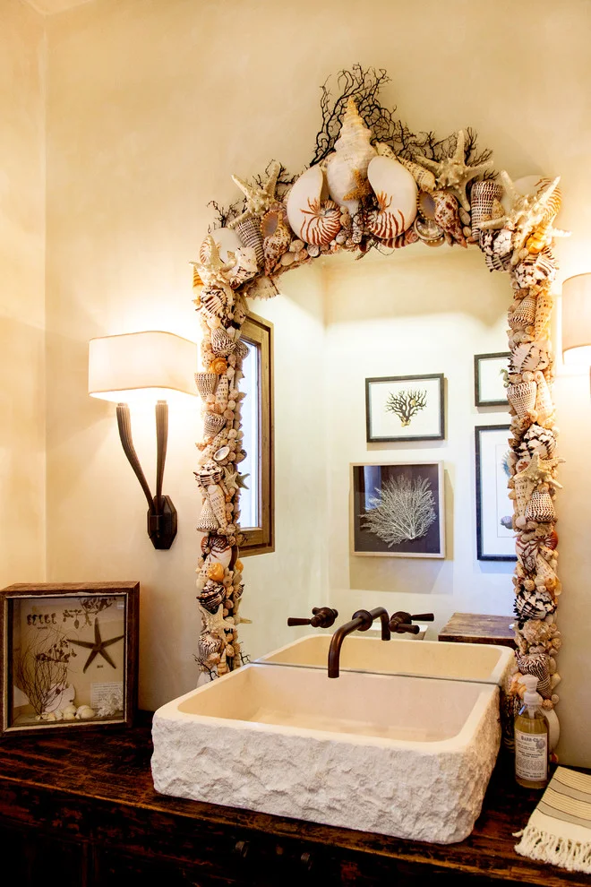 beach style powder bathroom Shadow box mirror