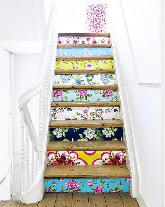 patterned wallpaper on staircase