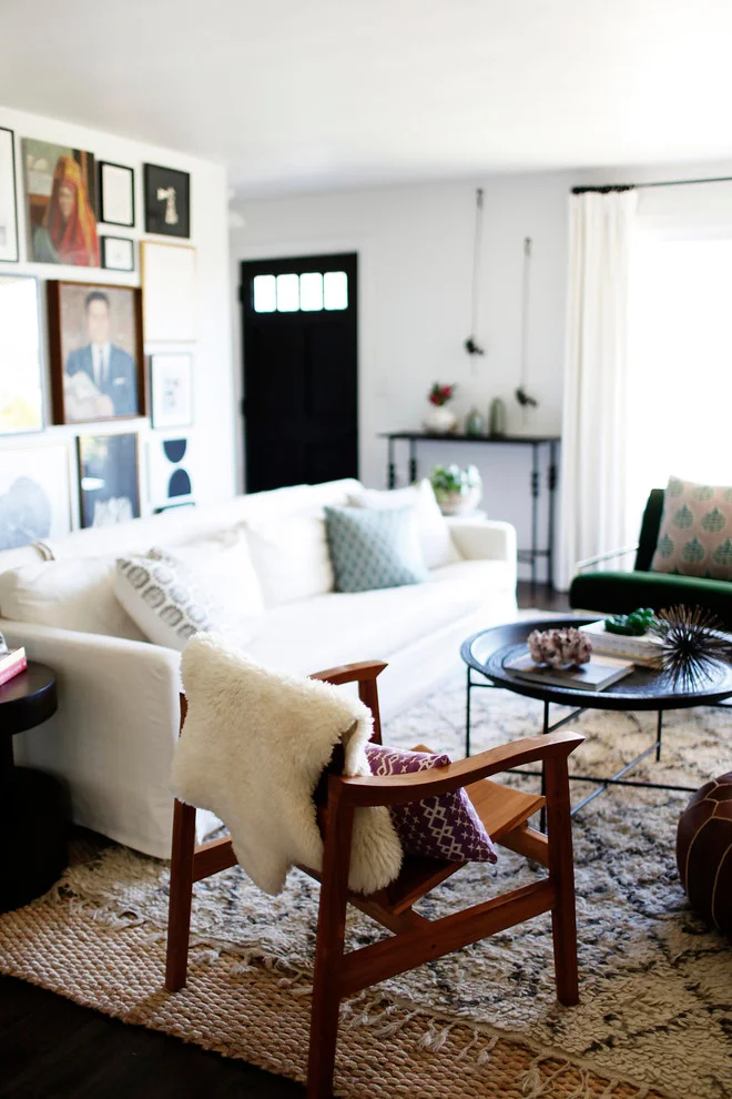 Midcentury Living Room With White Wall