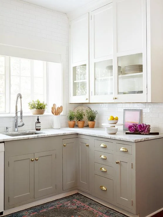 Two Toned Cabinets Marble Countertop