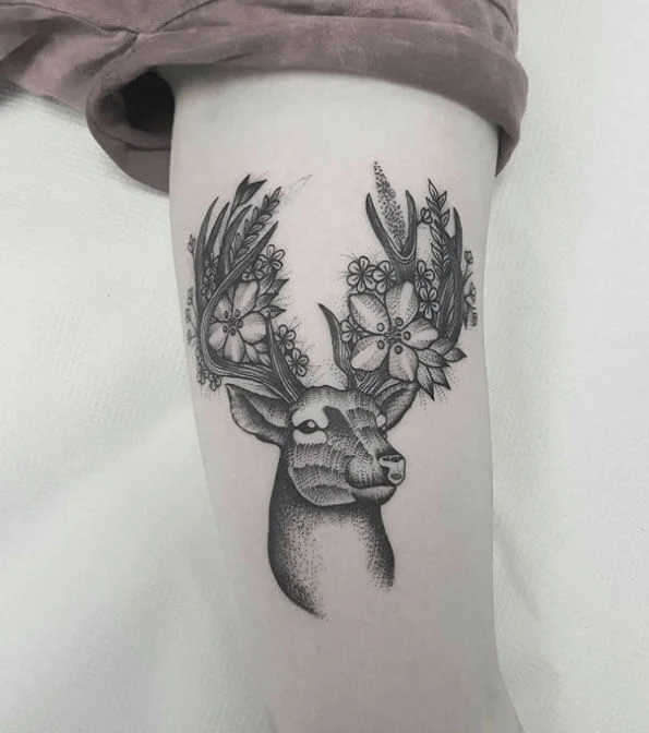 Beautiful Floral Tree-Themed Deer Tattoo