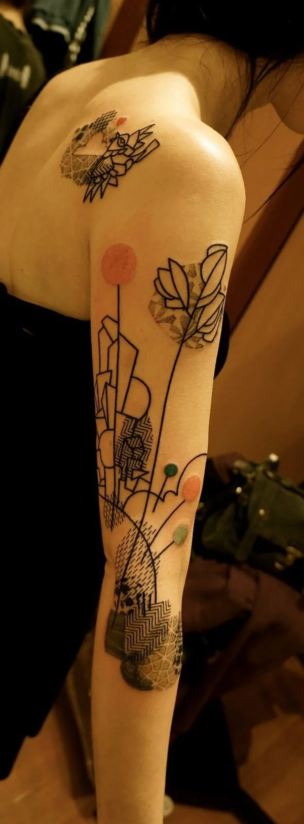 Cartoons Style Skyline Cityscape Full Arm Tattoo