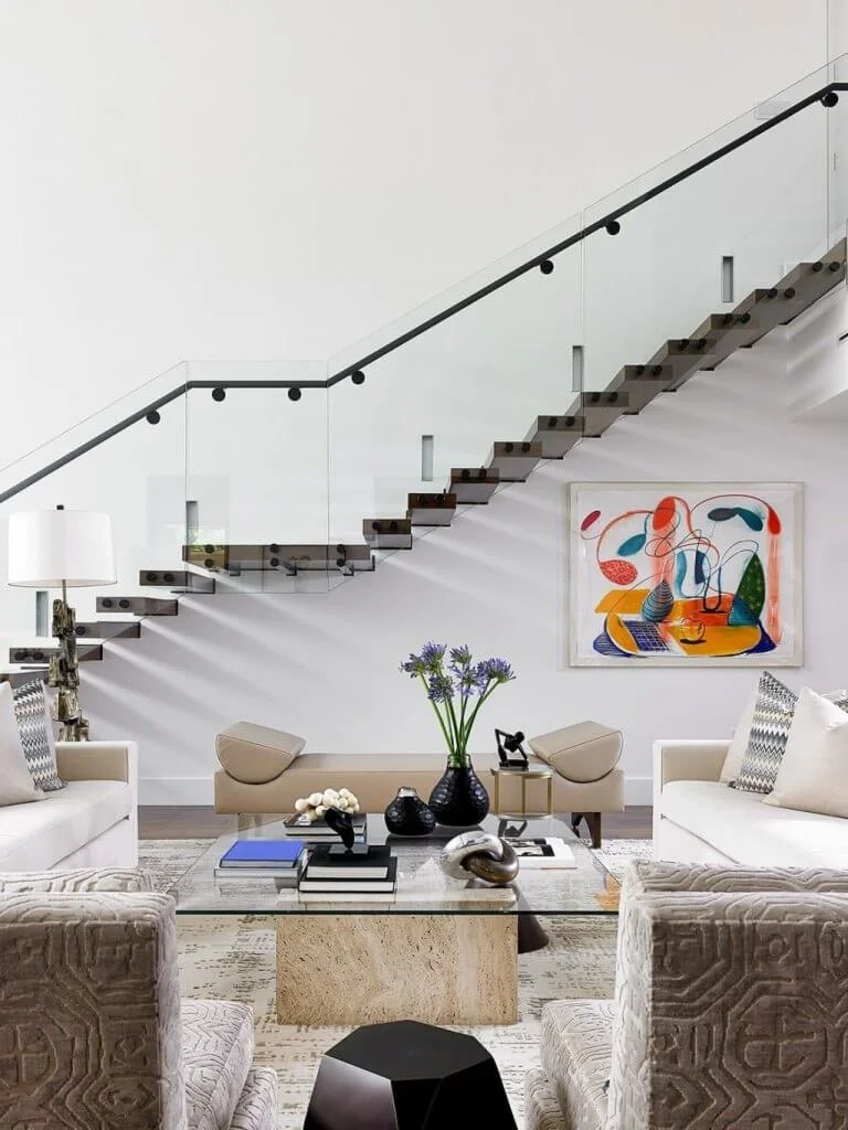 Contemporary Living Room with Floating Stair Ideas