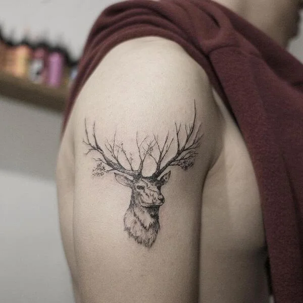 Deer Tree Head Tattoo On Right Shoulder