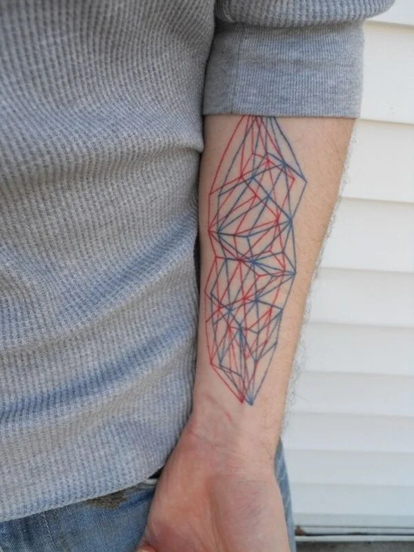 Geometric Vertical Patterns in Red and Blue Tattoo