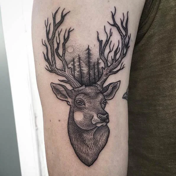 Line and Dotwork Tree Deer Tattoo Side Arm