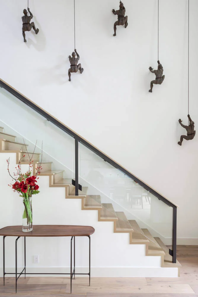 Magnificent Wood Glass Stairs Design Climbing Man Wall Sculpture