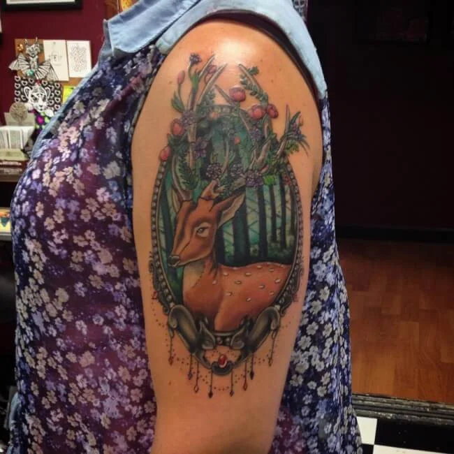 Nature With Deer Color Tattoo On Side Arm For Women