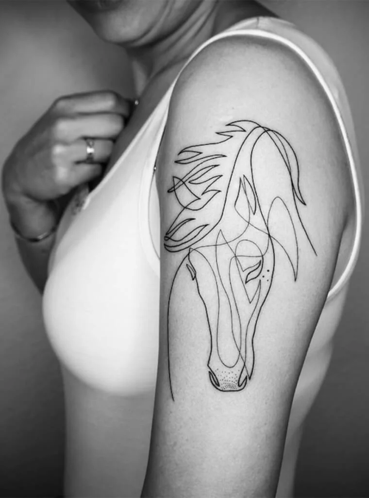 One Line Horse Tattoo on Shoulder