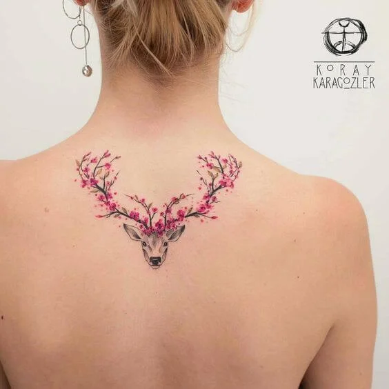 Pink Flower Deer Horn Tattoo on Back For Girls