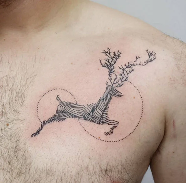Rooted Tree Branches Deer Tattoo on Mens Chest