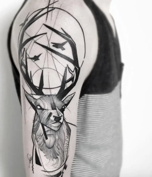 Sketch Style Geometric Deer Tattoo Designs Side arm For Men