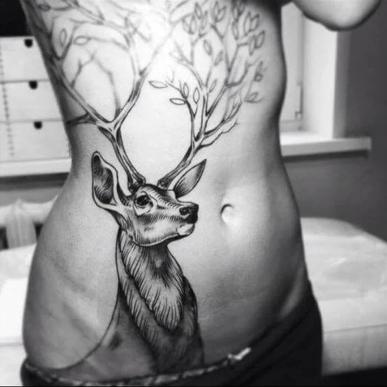 Sweet Deer Tattoo Horn With Leaf