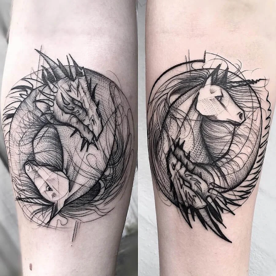 Unicorn and Dragon Round Tattoo