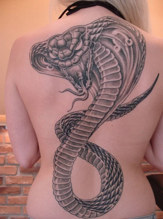 Grey Ink Scary Viper Snake Tattoo On Full Back for Girls