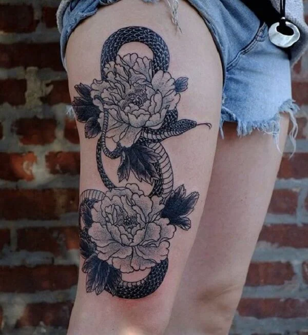 Healing Snake Tattoo Design With Flowers
