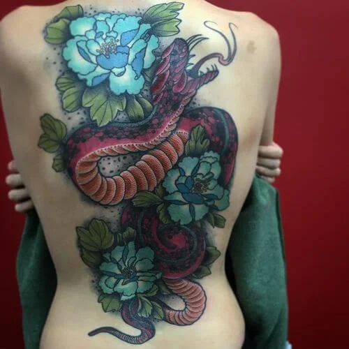 Huge Black-Pink Attacking Pose Snake Tattoo