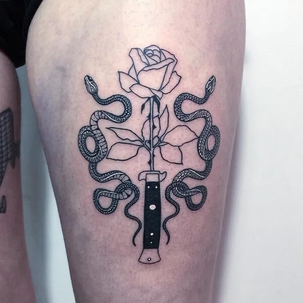 Rose Surrounded by Snakes With Knife Tattoo