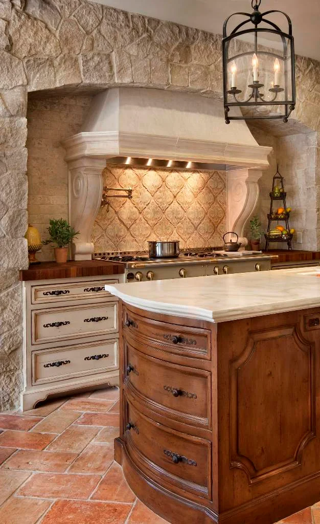 Rustic Stone Siding Modern Stove and Countertops Tuscan Kitchen
