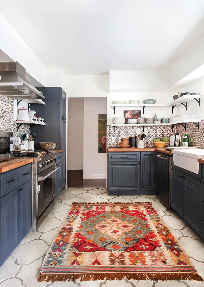 Simply Organized Open Shelves Modern Patterned Tiles Spanish Style Kitchen