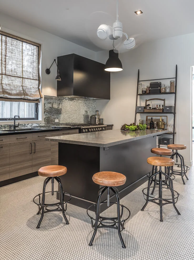 grey island bar with stools