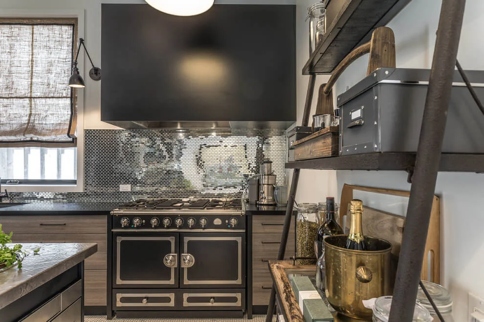 open shelf grey marble countertop