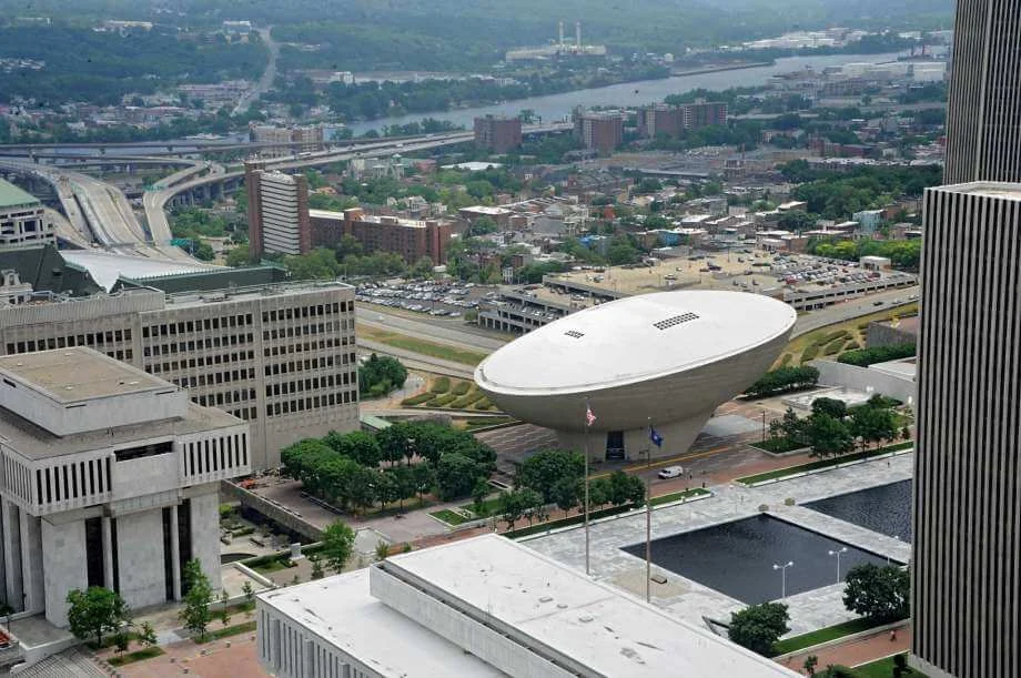 Aerial view from the Alfred E. Smith State Office Building of The Egg