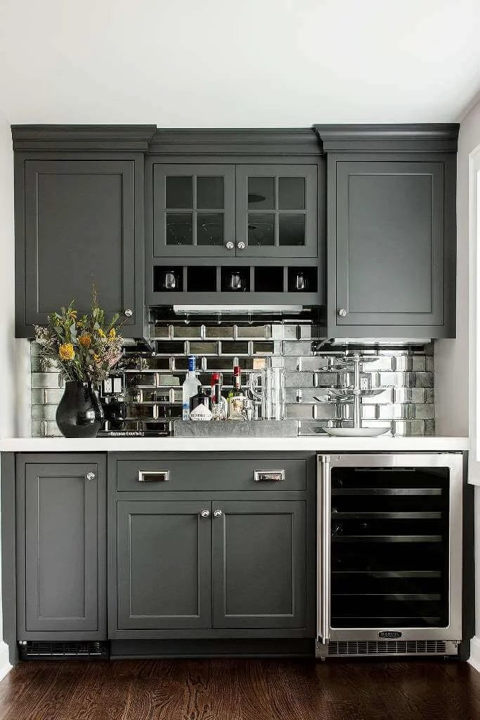 Transitional Home Bar Mirror Subway Tile Backsplash