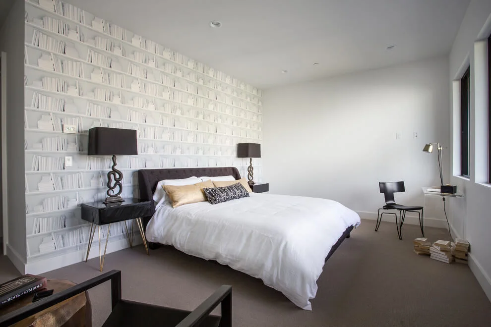 bookshelf wallpaper contemporary bedroom