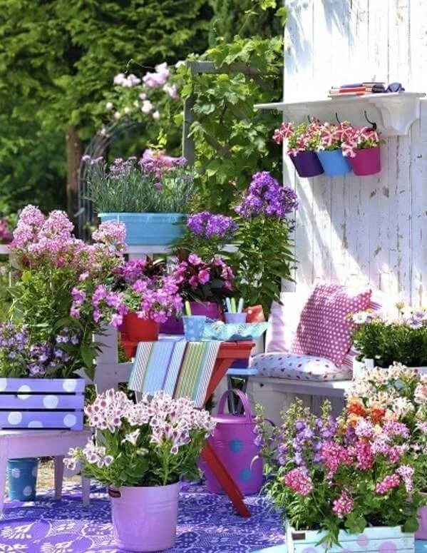 colorful balcony plants and furniture