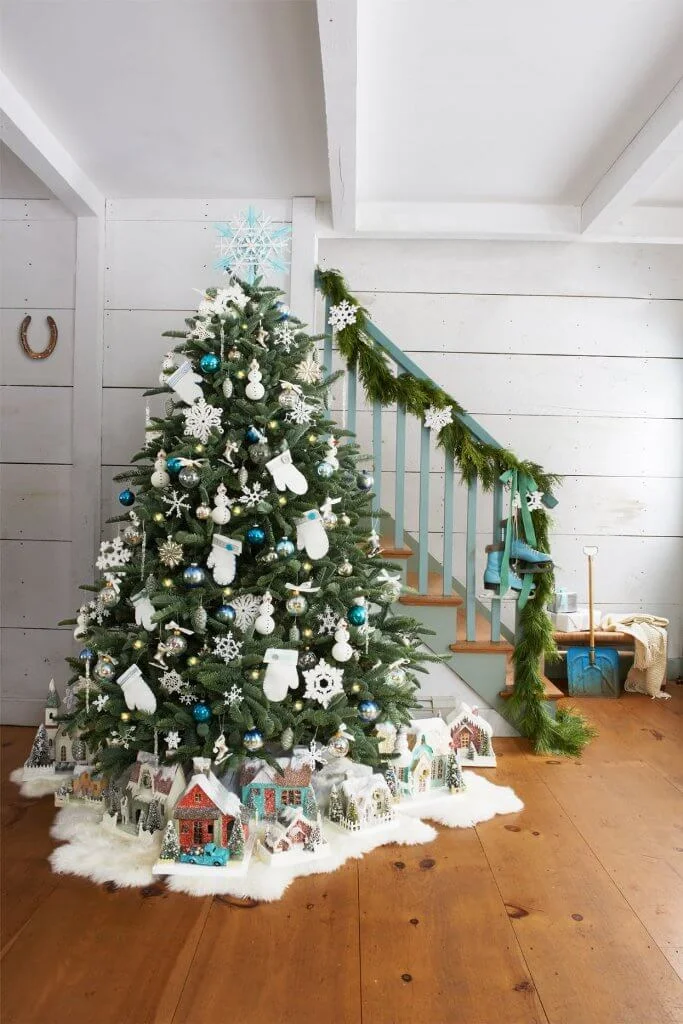 giant snowflakes and blue ornaments