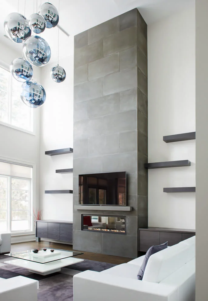 grey concrete fireplace surround