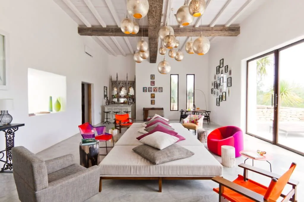 white walls and colorful furniture