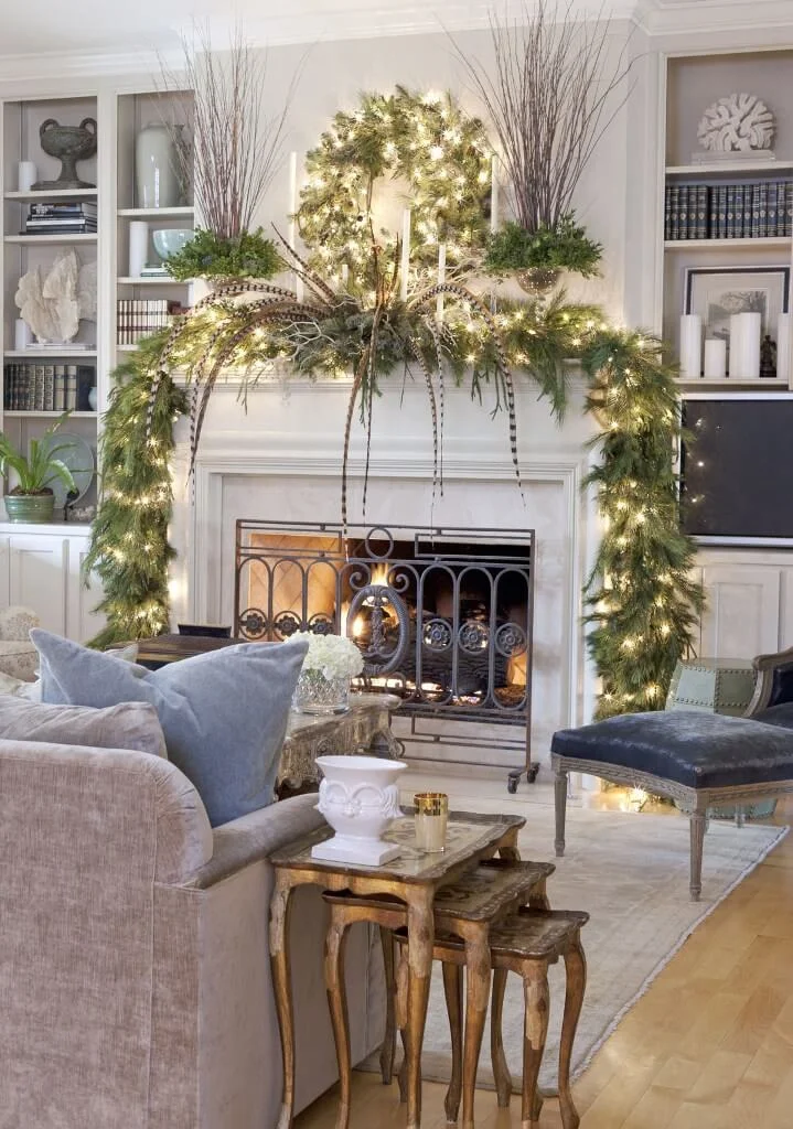 Christmas Fairy Lights And Grey Feathers