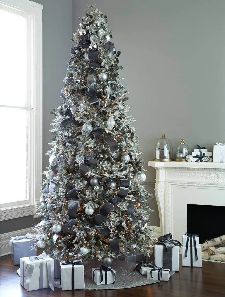 Grey Tree Ornaments And Ribbon