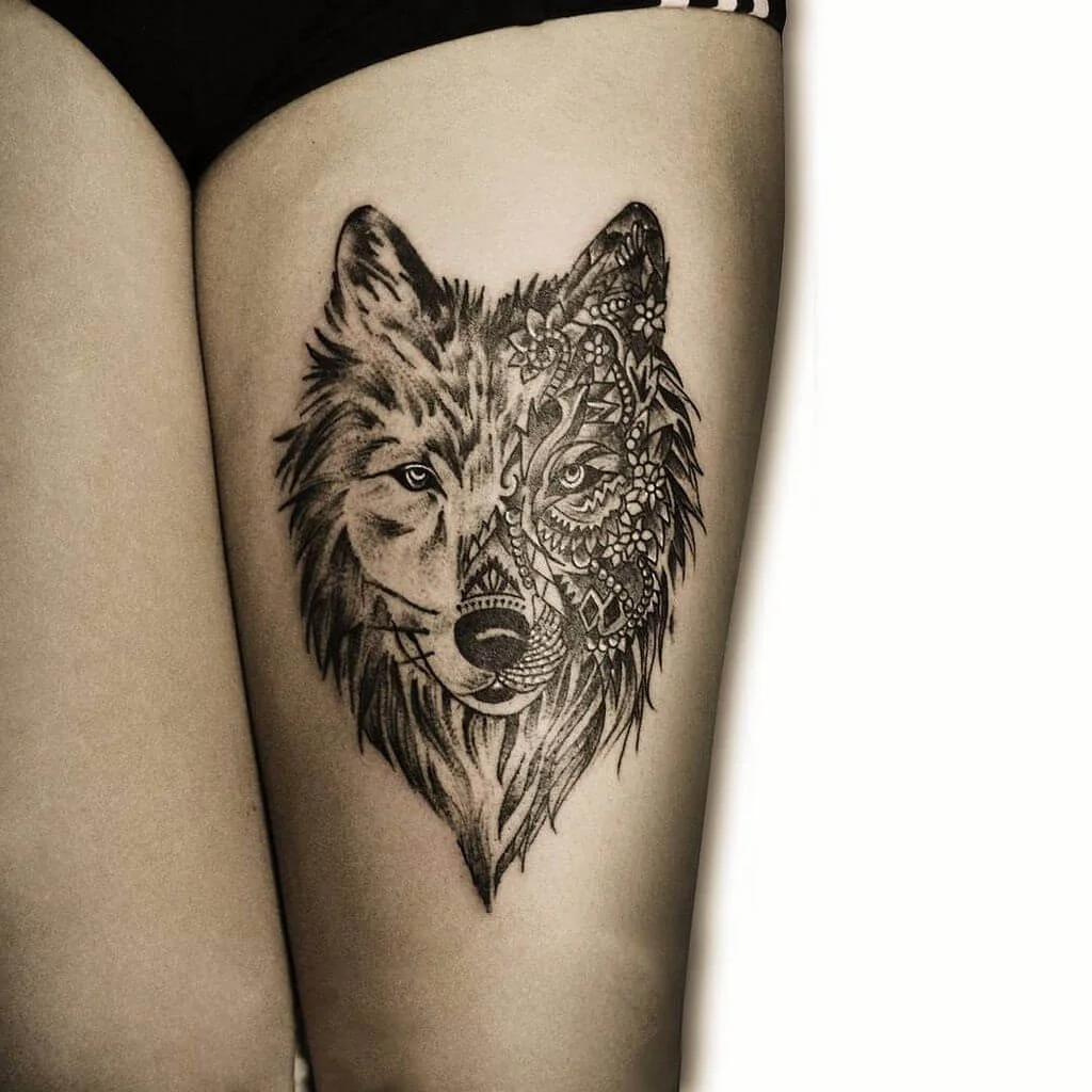 Wolf Tattoo On Thigh