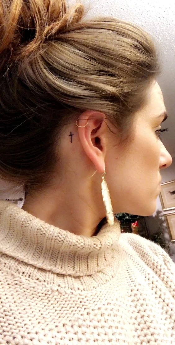 Cross Tattoo Behind Ear
