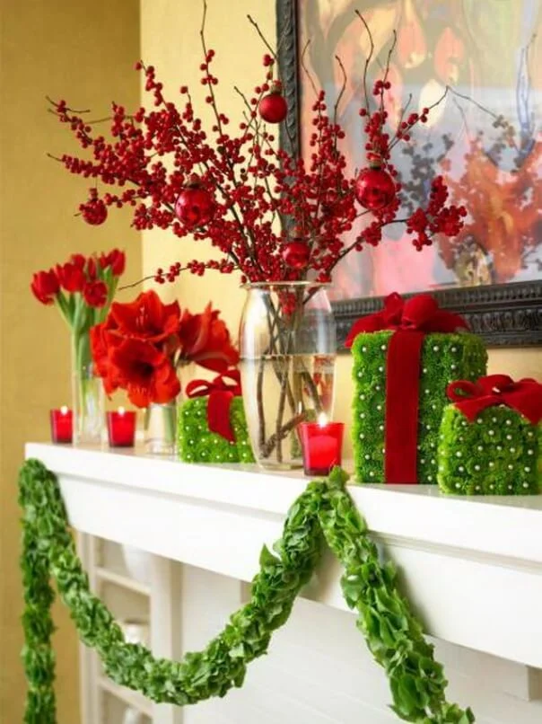 Flowery Green Christmas Fireplace Mantel